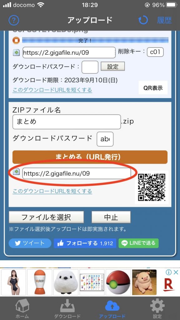 圧縮ファイルが作成されると同時にダウンロードパスワードが設定されます。