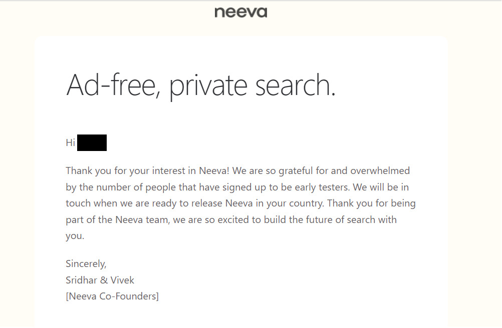 Neevaに登録したメールアドレス宛に届くお礼メール