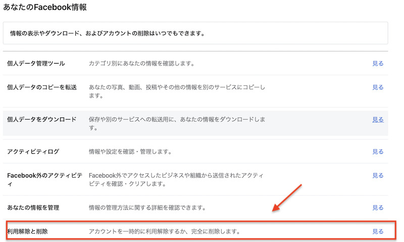PC版Facebookの「利用解除と削除」