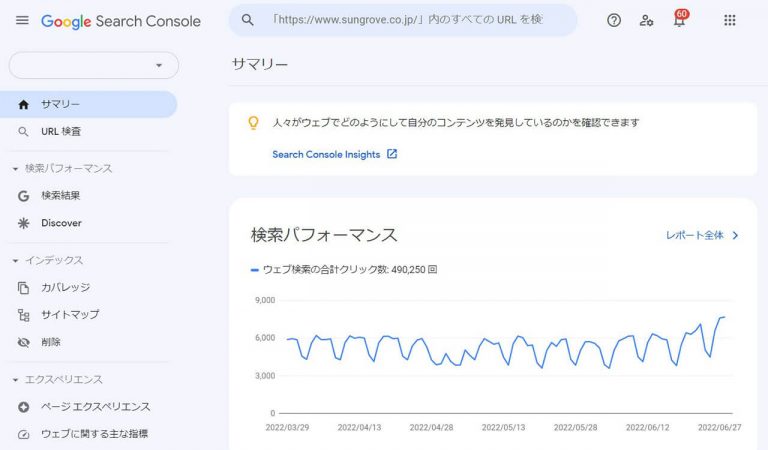 Googleサーチコンソールのサマリー画面のスクショ