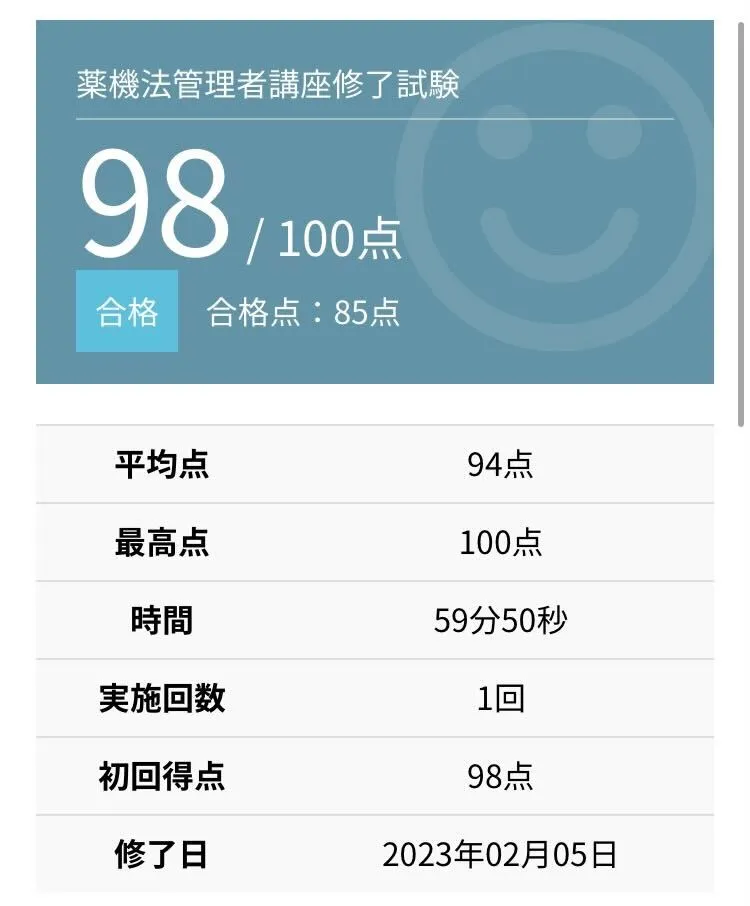 薬機法管理者修了試験結果