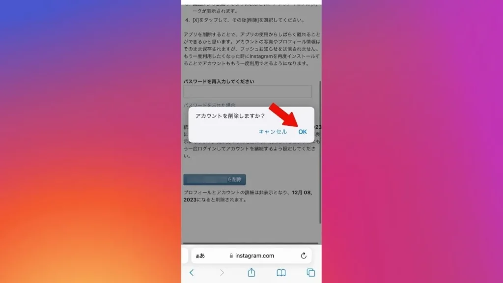 Web版Instagram(インスタグラム)でアカウントを削除する方法④