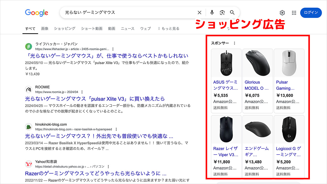 Google広告の無料リスティングとショッピング広告の違いのスクショ