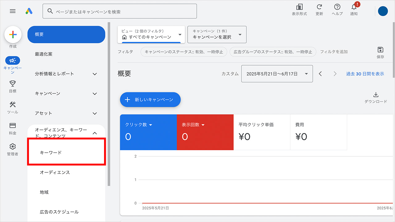 Google広告のキーワードの追加設定の方法1