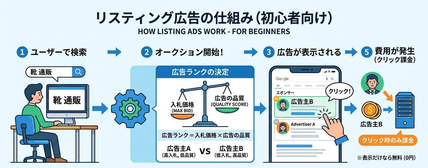 リスティング広告の仕組みをわかりやすく解説した図解